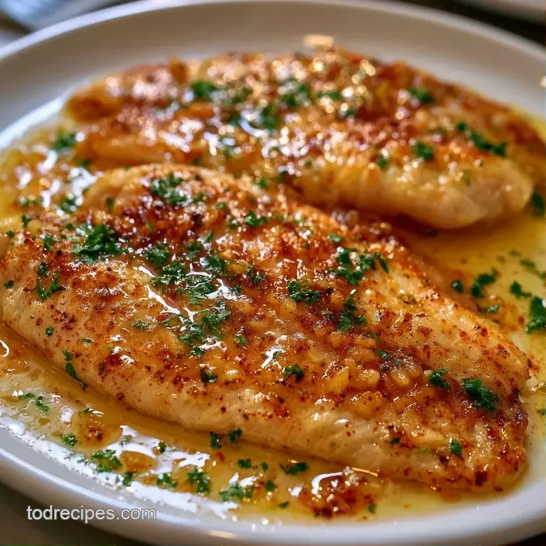 Flaky white fish fillet glazed in melted butter, plated beside vibrant green asparagus and a bright lemon wedge.
