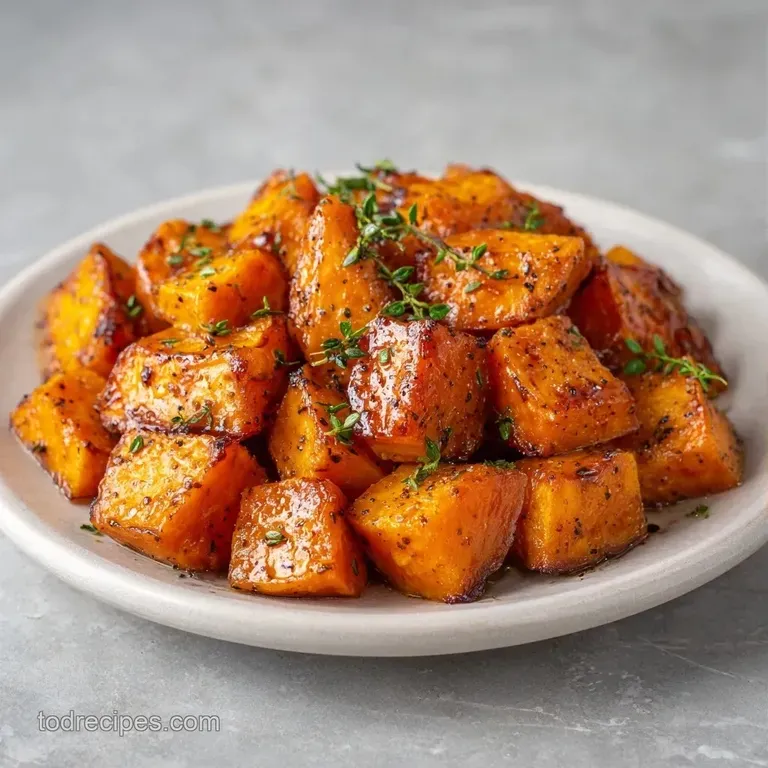 Neatly stacked orange potato cubes on a white ceramic plate, garnished with fresh green parsley and cracked pepper.