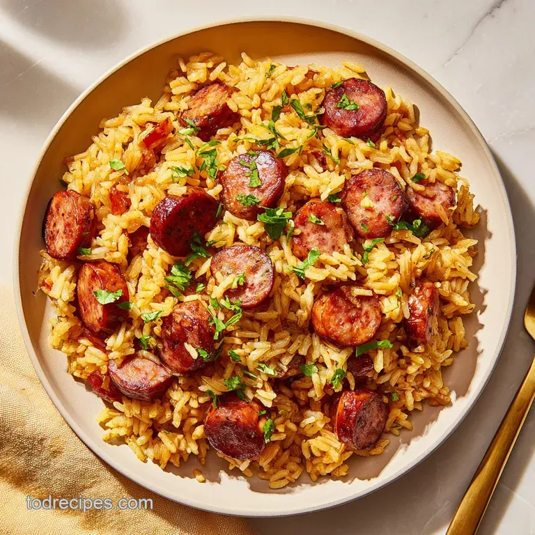 Plated serving of Cajun sausage rice, topped with fresh green onions, showcasing a rustic and hearty presentation.