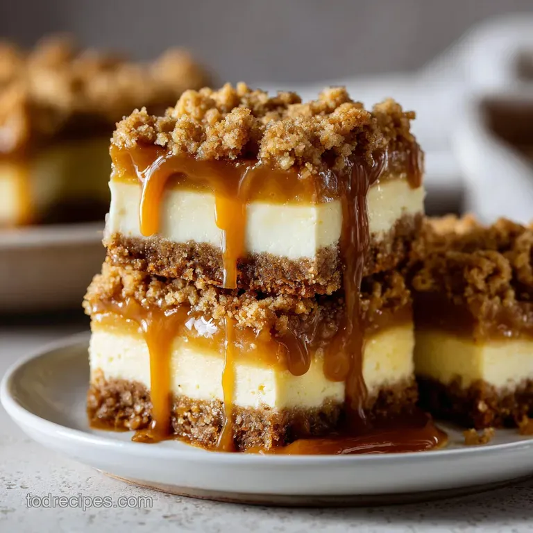 Caramel apple cheesecake bar slice showing layers of crust, filling, apples, and crumbly topping, drizzled with caramel.
