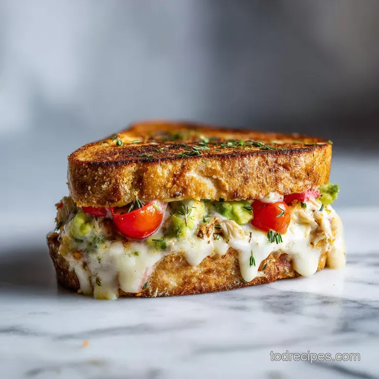 Chicken avocado melt sandwich cut in half, artfully arranged. Crisp greens & sliced tomato add bright color to the plate.