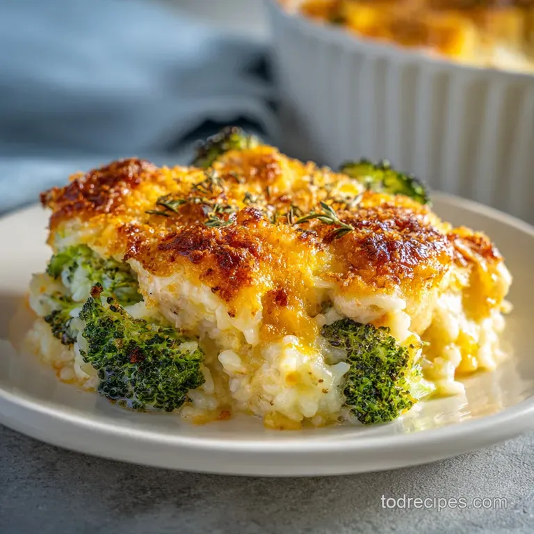 Creamy chicken and broccoli casserole plated with a sprinkle of herbs. Steam gently rises, promising warm, comforting flav...