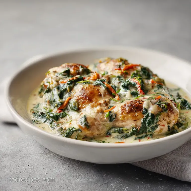 A forkful of tender chicken and creamy spinach lifted from a rustic casserole dish.