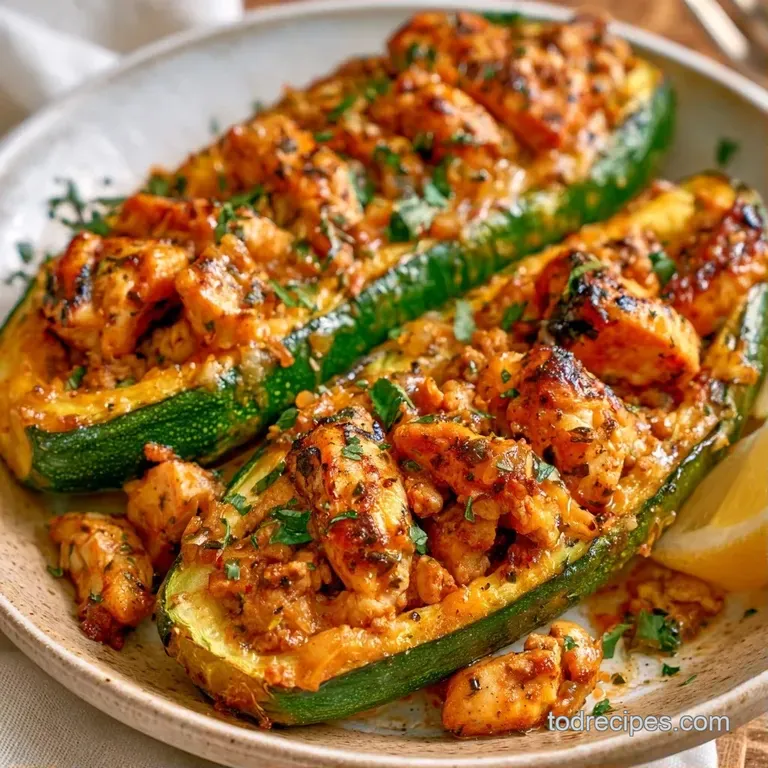Two roasted zucchini boats filled with savory chicken, garnished with fresh parsley on a minimalist slate plate.