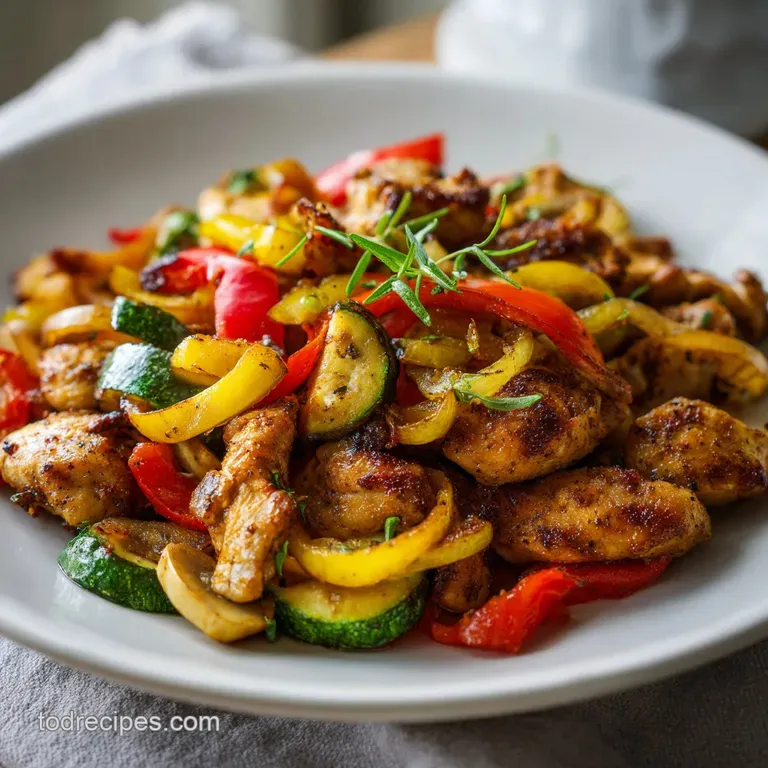 Juicy pan-seared chicken pieces and tender-crisp vegetables artfully arranged on a white plate.
