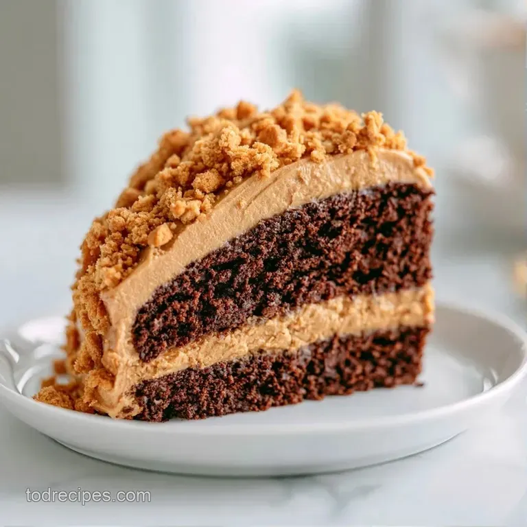 A slice of moist cocoa cake on a white plate with a golden caramel drizzle and toasted biscuit crumbs around it.