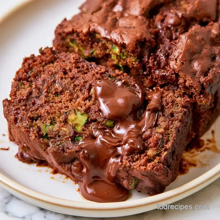 A thick slice of moist dark brown cake with gooey chocolate chips on a white ceramic plate beside a linen napkin.