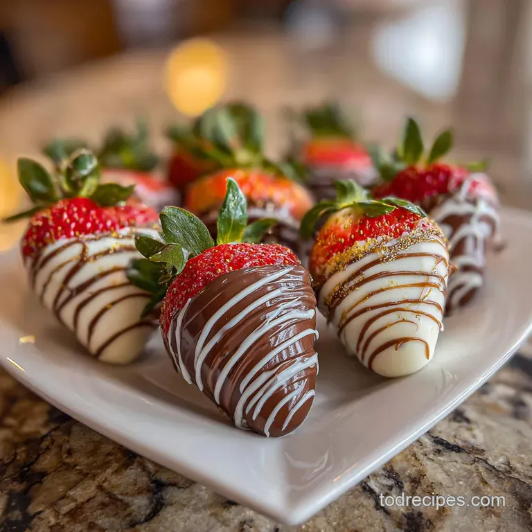 Glossy chocolate-covered strawberries elegantly arranged on a white plate, dusted with powdered sugar, ready to be served.
