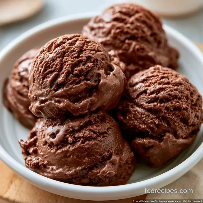 Three scoops of velvety dark brown frozen dessert topped with a mint leaf in a white ceramic bowl on a marble table.