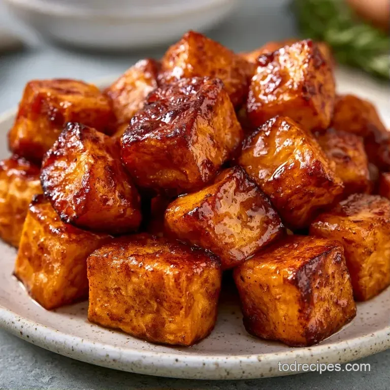 Roasted orange cubes with a sticky honey glaze, arranged elegantly on a white plate with a sprig of fresh parsley.