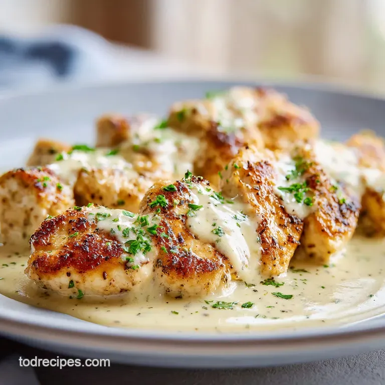 Tender chicken pieces in a velvety white sauce served in a ceramic bowl with a lime wedge and bright green herbs.