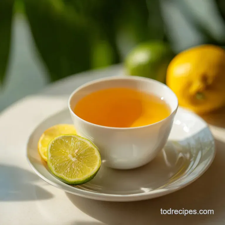 Steaming herbal tea with floating ginger, lemon slice, and a cinnamon stick presented on a rustic wooden coaster on a whit...