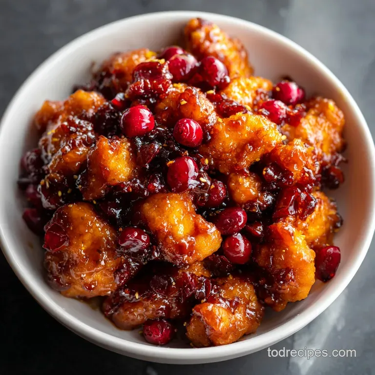 Elegant plate featuring glazed cranberry chicken atop fluffy rice. Orange slices add bright color, hinting at zesty, citru...
