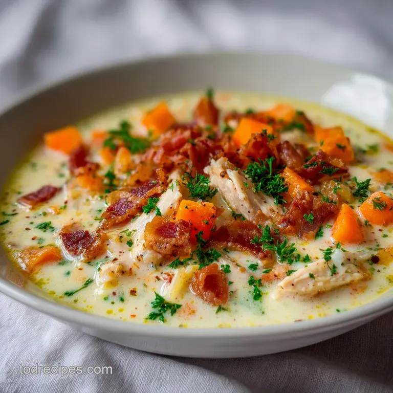 A wide ceramic bowl of thick white soup topped with melted cheddar and a swirl of cream on a rustic wooden table.