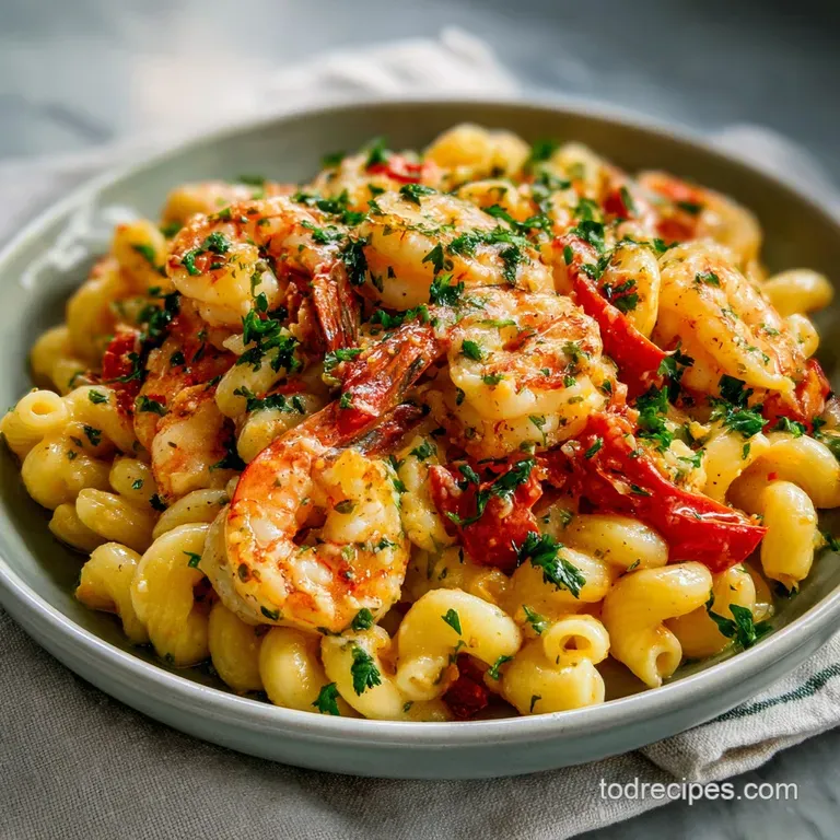 A swirl of colorful pasta piled high on a white plate, studded with vibrant vegetables and savory sausage in creamy sauce.