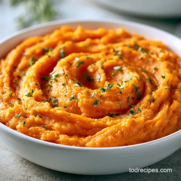 Elegant swirl of bright orange puree on a dark plate, accented with fresh green herbs and a drizzle of olive oil.