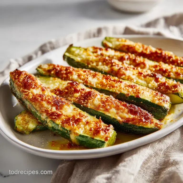 Tender zucchini batons, dusted with parmesan and herbs, elegantly served on a white ceramic plate.