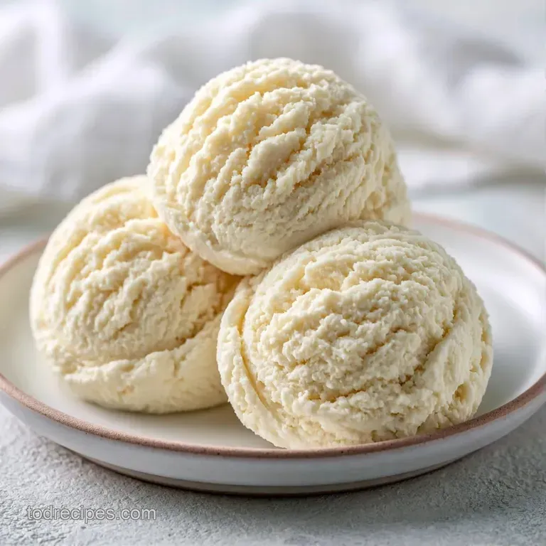 Three neat scoops of frozen white cream in a chilled glass bowl with a golden honey drizzle and almond slivers.