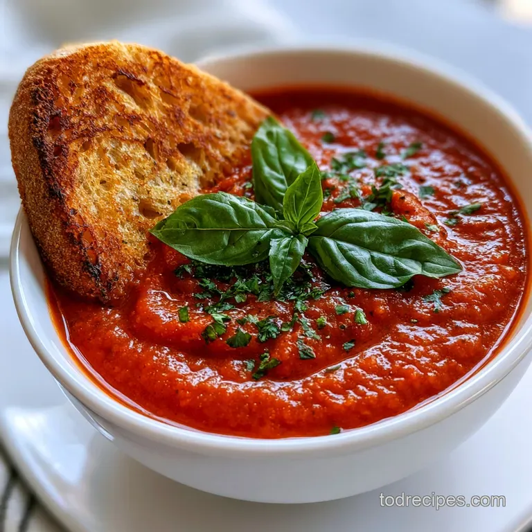 Smooth, velvet-textured red soup in a white bowl paired with a golden toasted sourdough slice on a marble surface.