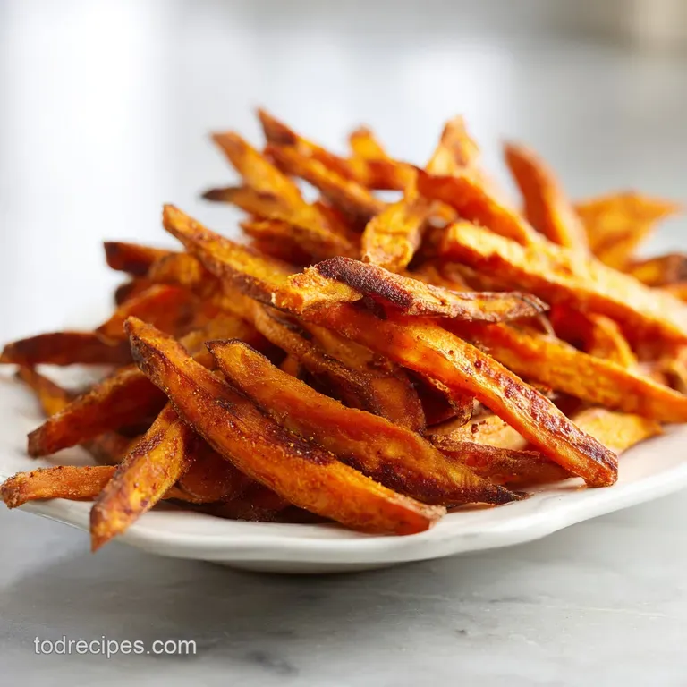 Perfectly arranged sweet potato fries on a white plate. Sprinkled with sea salt, next to a ramekin of dipping sauce. Rusti...