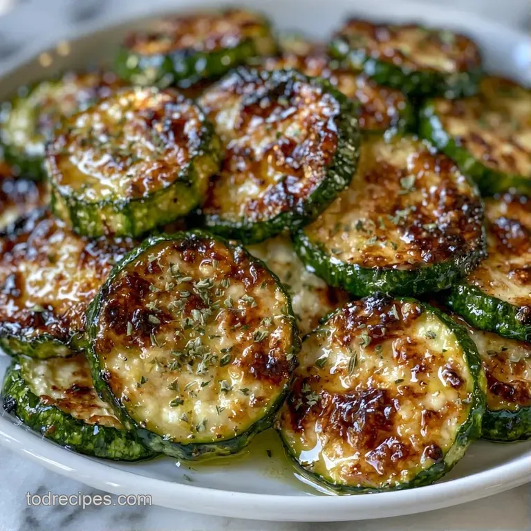 Elegant stack of tender green zucchini rounds with melted golden cheese and fresh parsley on white porcelain.