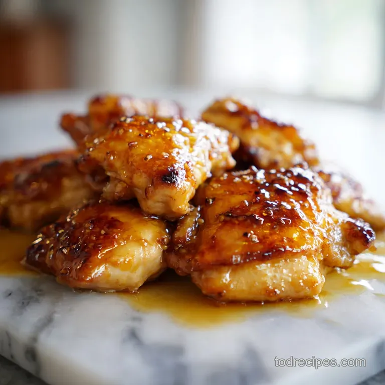 Golden-brown glazed chicken thighs served over fluffy white rice and garnished with fresh, sliced green scallions.
