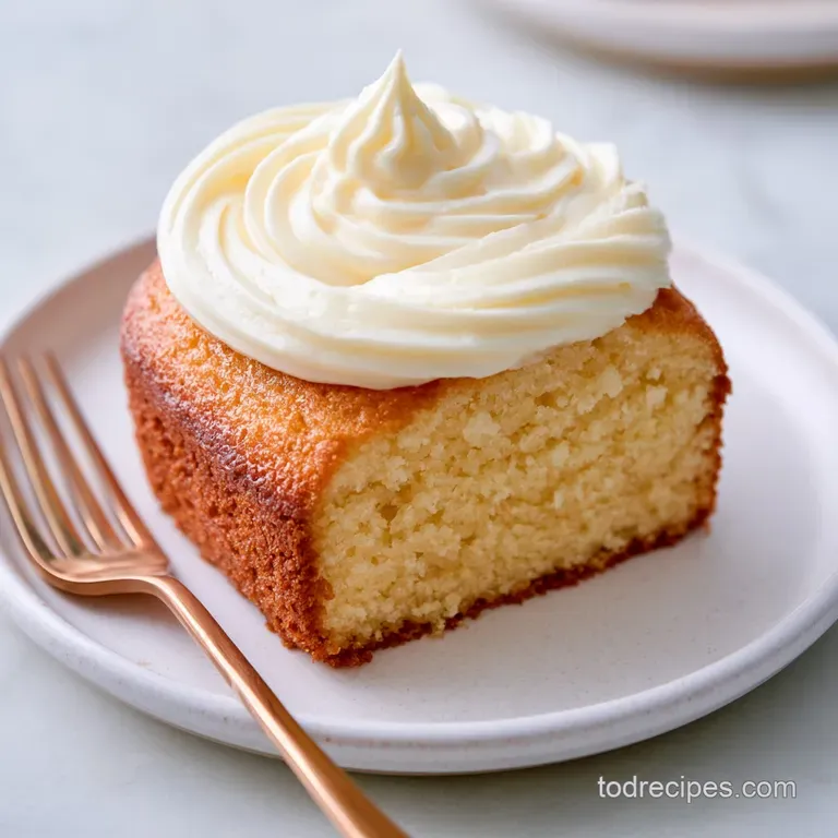 A slice of fluffy white cake on a ceramic plate, drizzled with glaze and garnished with fresh spring berries.