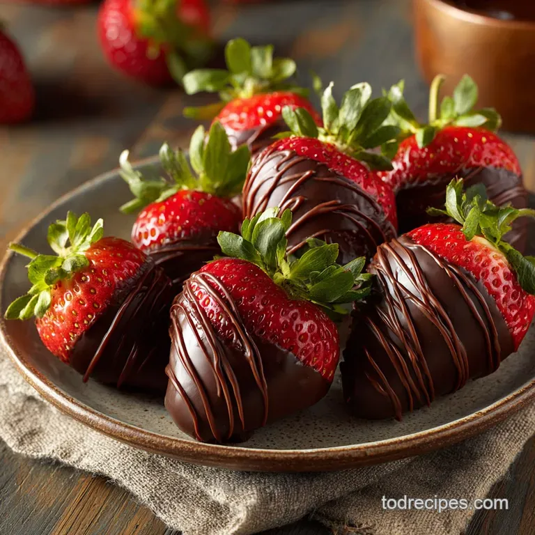 A tower of glistening chocolate strawberries on a white plate, dusted with cocoa powder, hints of red peeking from beneath...