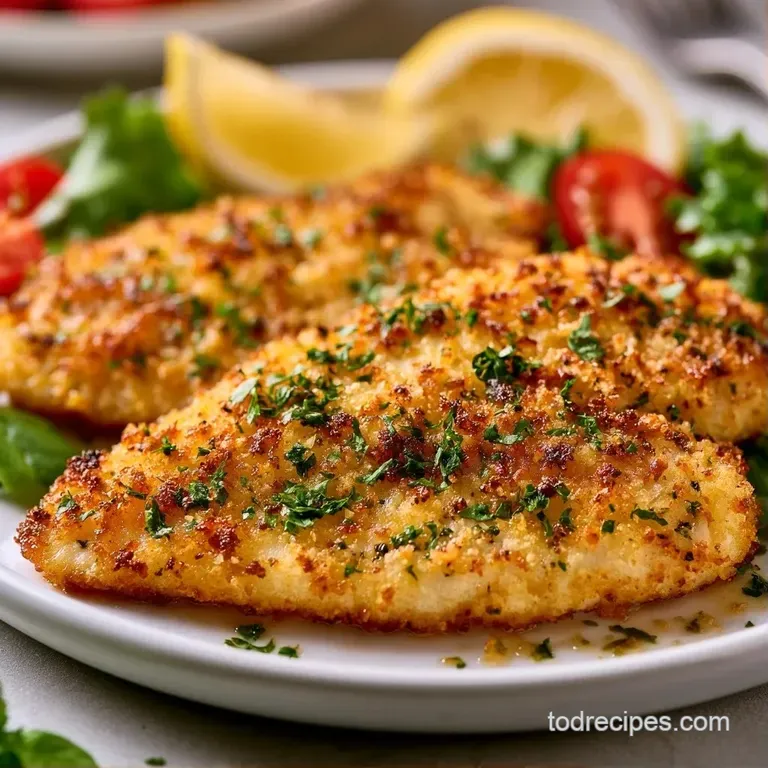 A golden-brown fish fillet served alongside vibrant steamed greens and a bright yellow lemon wedge on a white plate.