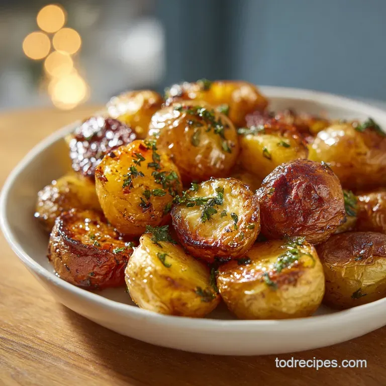 A generous serving of tender, garlicky potato wedges artfully arranged on a white plate with a sprinkle of parsley.