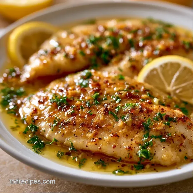 Flaky white fish served on a matte plate with vibrant green asparagus and a drizzle of glossy lemon butter.