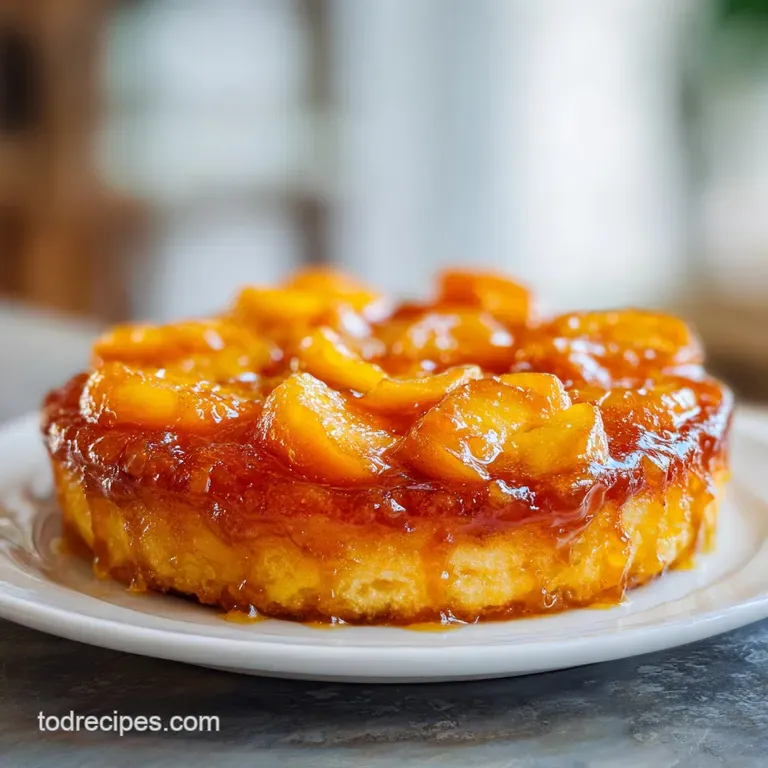 A scoop of warm, cinnamon-spiced peaches topped with melting vanilla ice cream on a white ceramic plate.