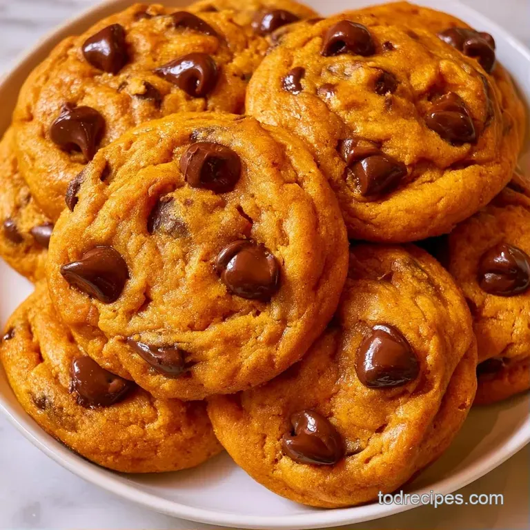 A neat stack of warm, orange-hued baked treats with melted chocolate chips beside a glass of creamy white milk.