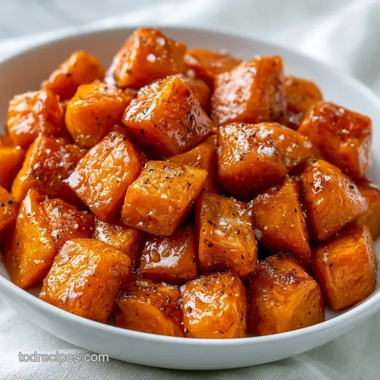 Vibrant orange potato chunks arranged neatly on a slate platter, accented by a pinch of sea salt and fresh parsley.