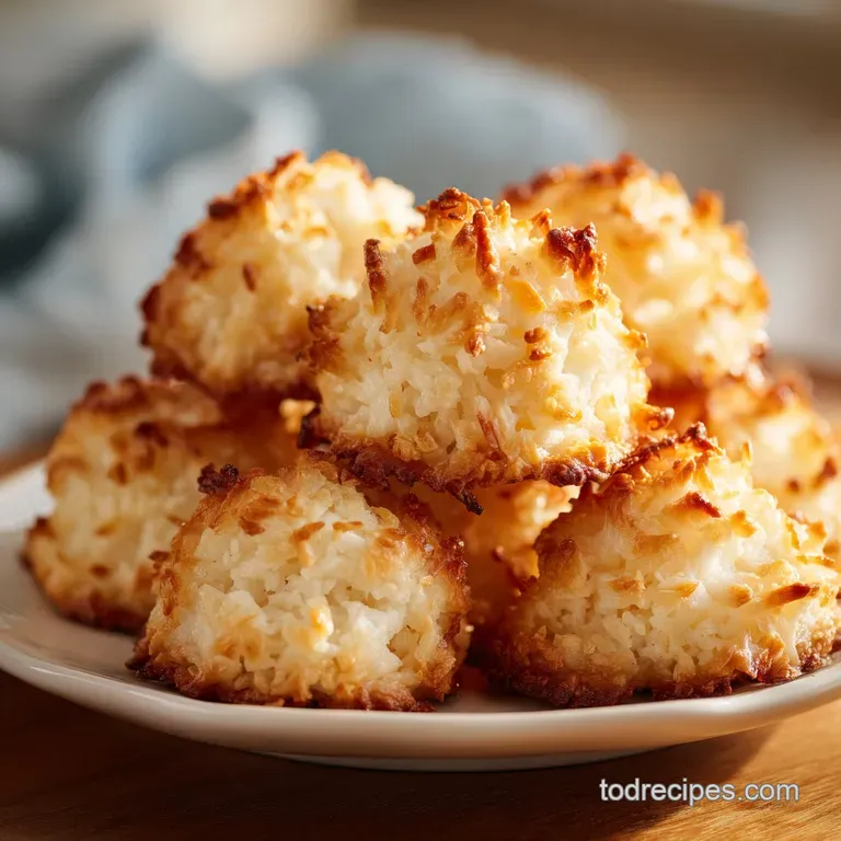 A neat stack of golden coconut macaroons dusted with powdered sugar on a white ceramic plate.