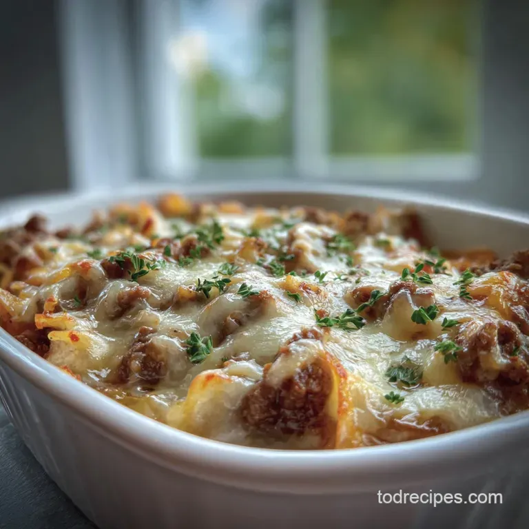 Creamy, cheesy casserole in a white bowl, steam rising. Garnish with fresh parsley adds bright, grassy counterpoint.