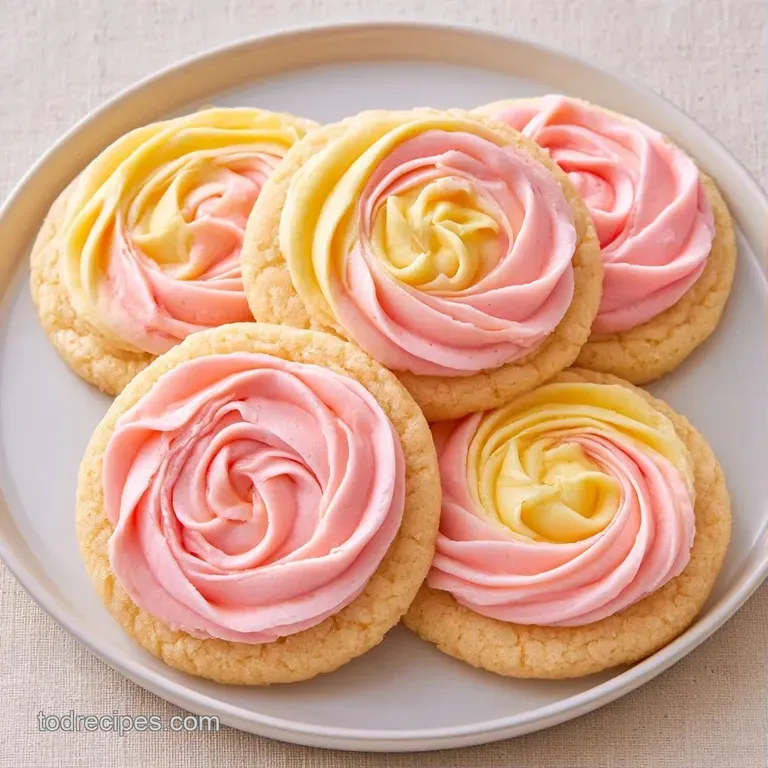 A stack of soft, round cookies with swirls of pastel frosting arranged on a white ceramic plate with a linen napkin.