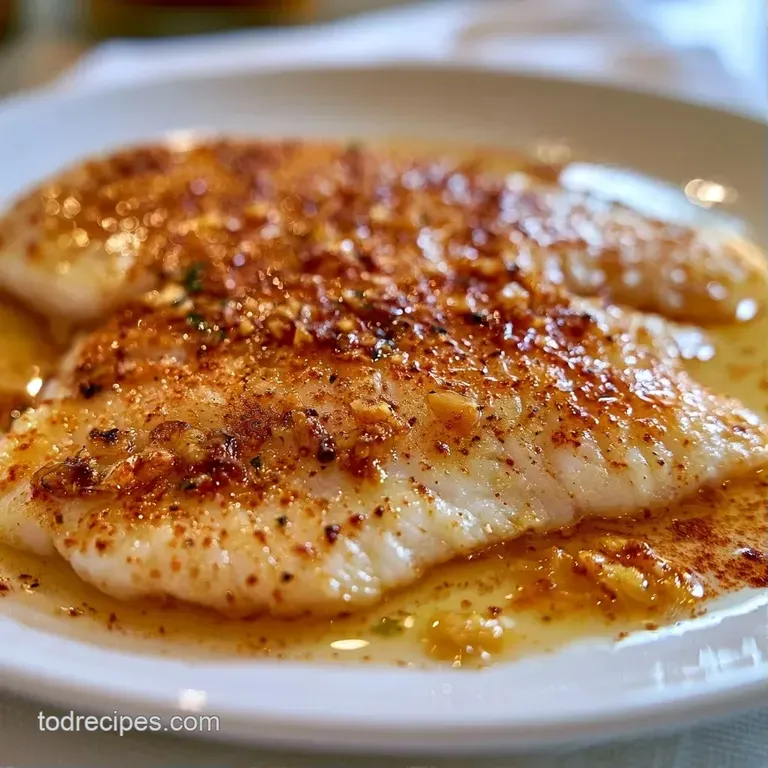 Flaky white fish fillet drizzled with golden garlic butter on a white plate with steamed asparagus and lemon wedges.