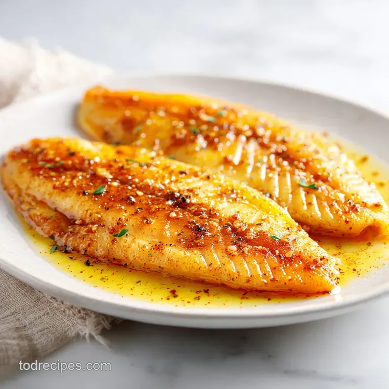Flaky white fish glistening with garlic butter on a ceramic plate, paired with bright green steamed asparagus.