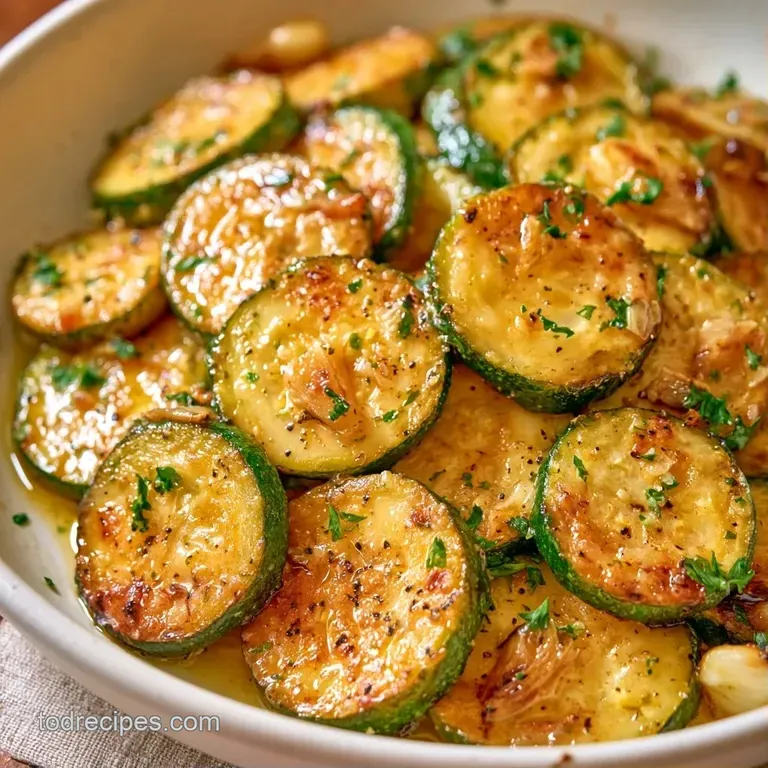 Vibrant green zucchini coins glistening with butter on a white ceramic plate, topped with cracked black pepper.