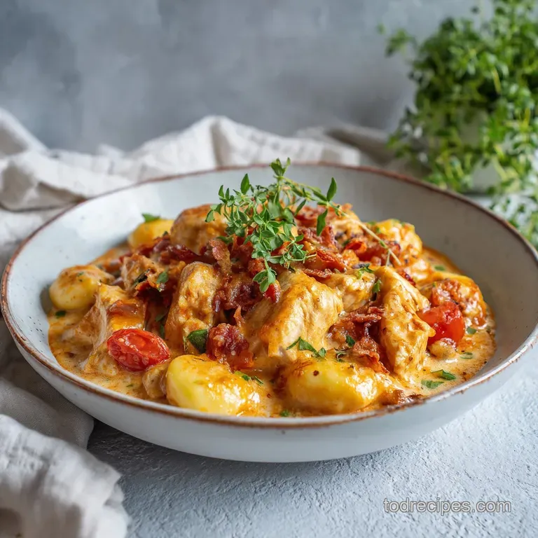 Elegant plating of garlic chicken gnocchi. Glistening sauce coats the plump gnocchi; garnished with fresh herbs and cracke...