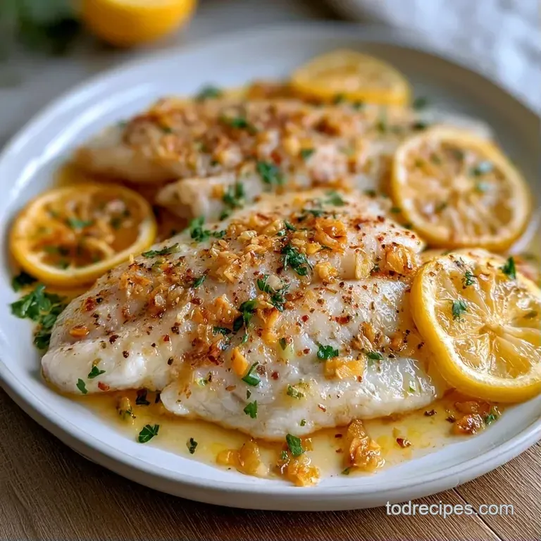 Flaky white fish fillets garnished with lemon slices and herbs, served on a modern slate platter with greens.