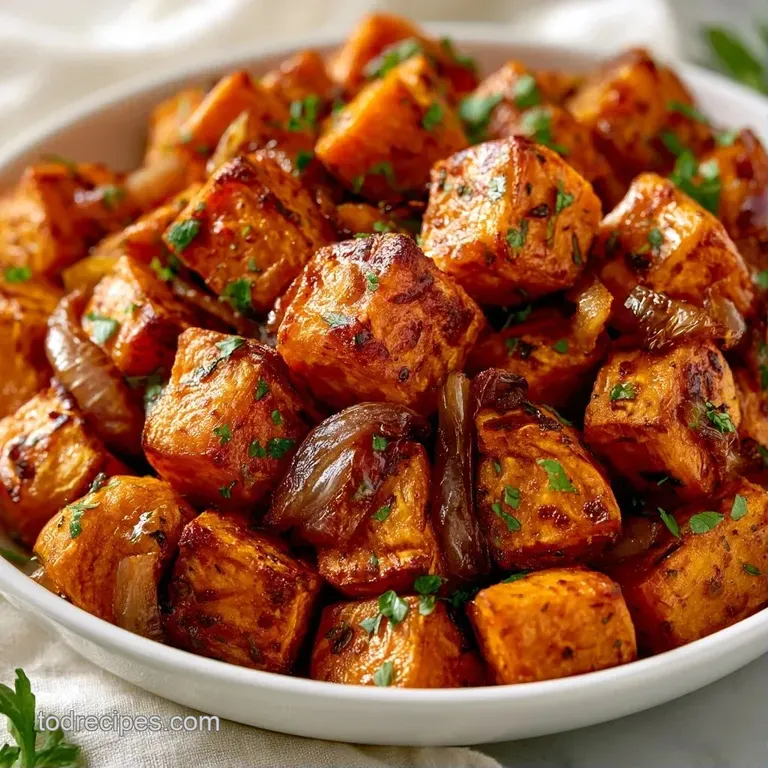Golden cubed root vegetables arranged on a slate board, topped with fresh herbs and a drizzle of garlic butter.