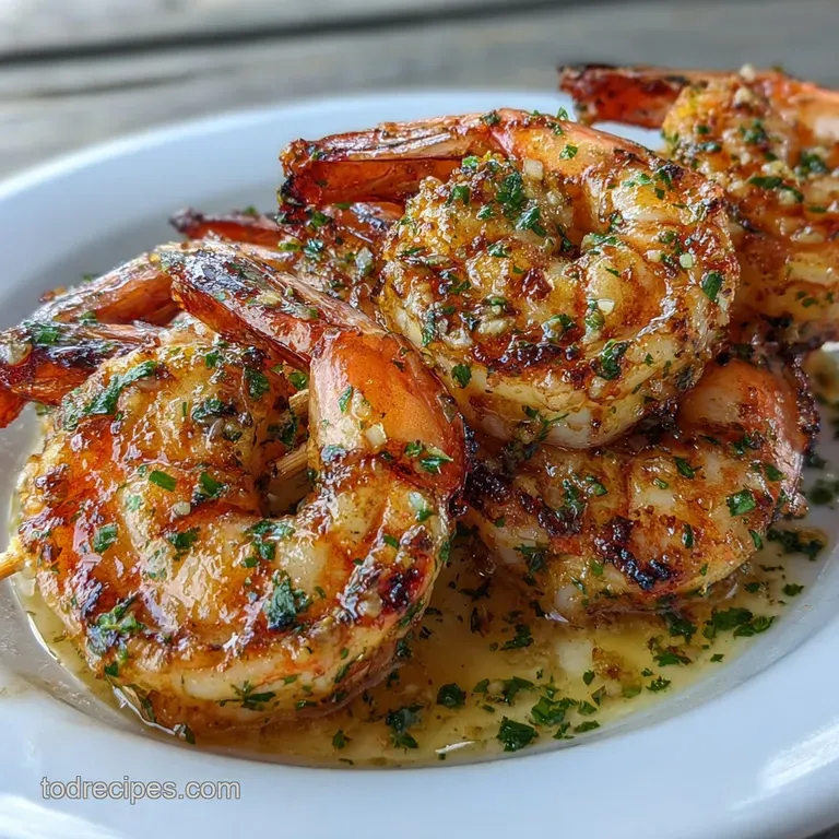 Glossy pink shrimp arranged on a white ceramic tray with minced garlic and bright green parsley garnishes.