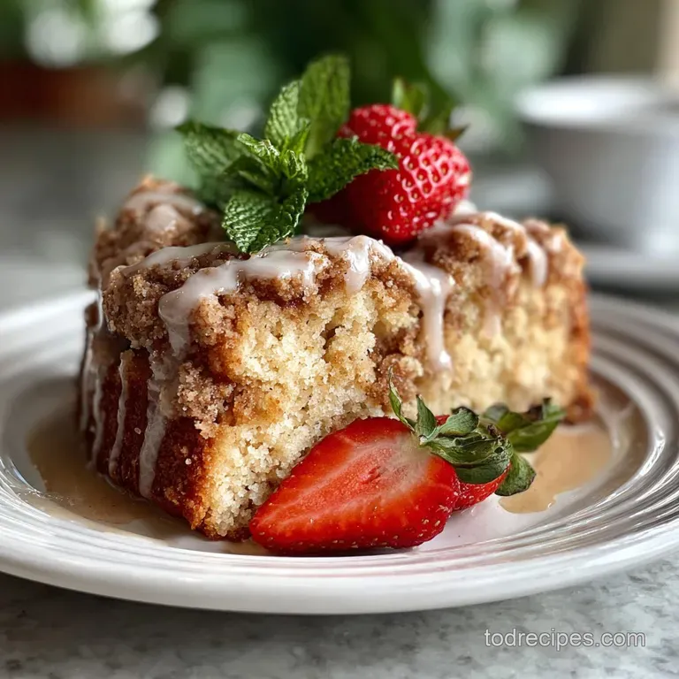 Slice of moist coffee cake on a white plate, beside a steaming mug, hinting at warm, comforting flavors and a cozy ambiance.