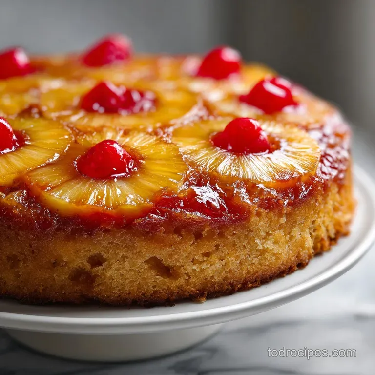 A single, warmly lit slice of pineapple upside-down cake reveals a delicate, gluten-free crumb. A bright maraschino cherry...