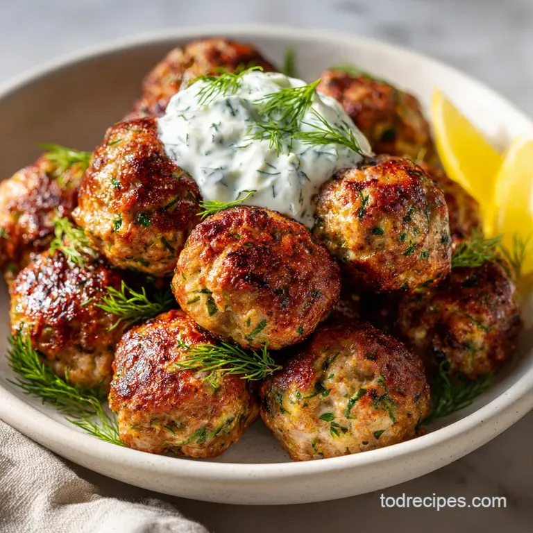 Plated meatballs glistening with olive oil, alongside a bright cucumber ribbon salad and toasted pita bread. Fresh and inv...