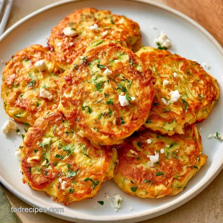 Neatly stacked savory vegetable cakes on a ceramic plate, paired with a swirl of white sauce and lemon slices.