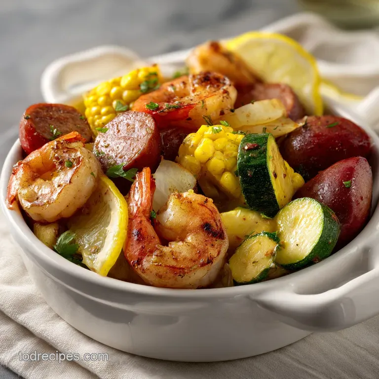 Charred shrimp and golden corn spilling from silver foil onto a wooden platter with fresh lemon wedges and parsley.