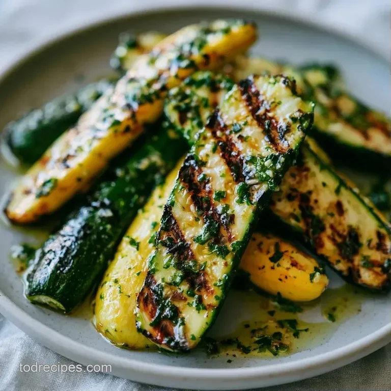 Slices of charred green squash fanned out on a platter, topped with lemon zest and cracked black pepper.